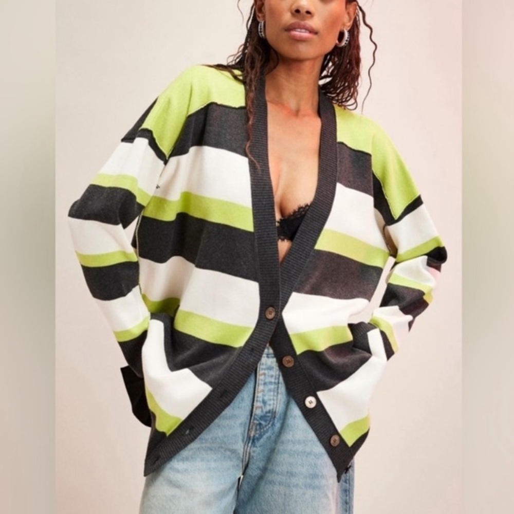 Free People League of Her Own Striped Sweater Cardi-Green, Grey, & Cream-Size M